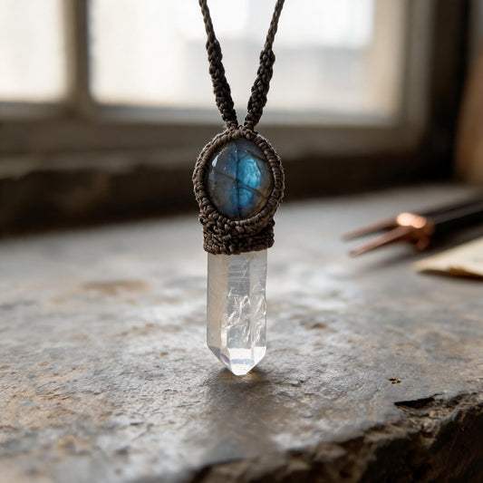 Mount Kailash Crystal with Nepal Sapphire in an artisan workshop setting