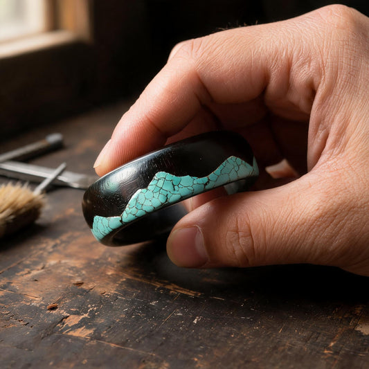 Qing Shan Zai Ebony Wood and Turquoise Inlay Ring in an artisan workshop setting