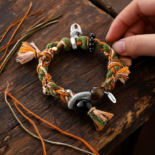 Forest Ring Acorn Tibetan-Style Handwoven Bracelet in an artisan workshop setting