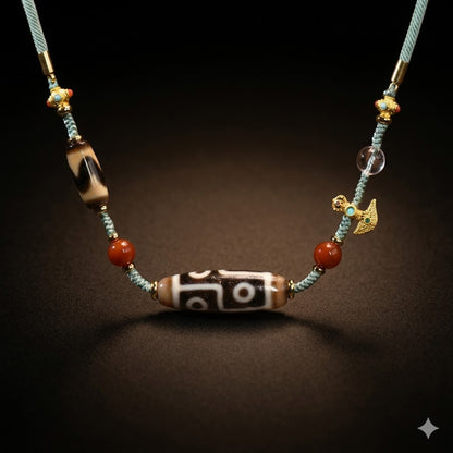 Handmade six eye and tiger tooth dzi bead necklace main view