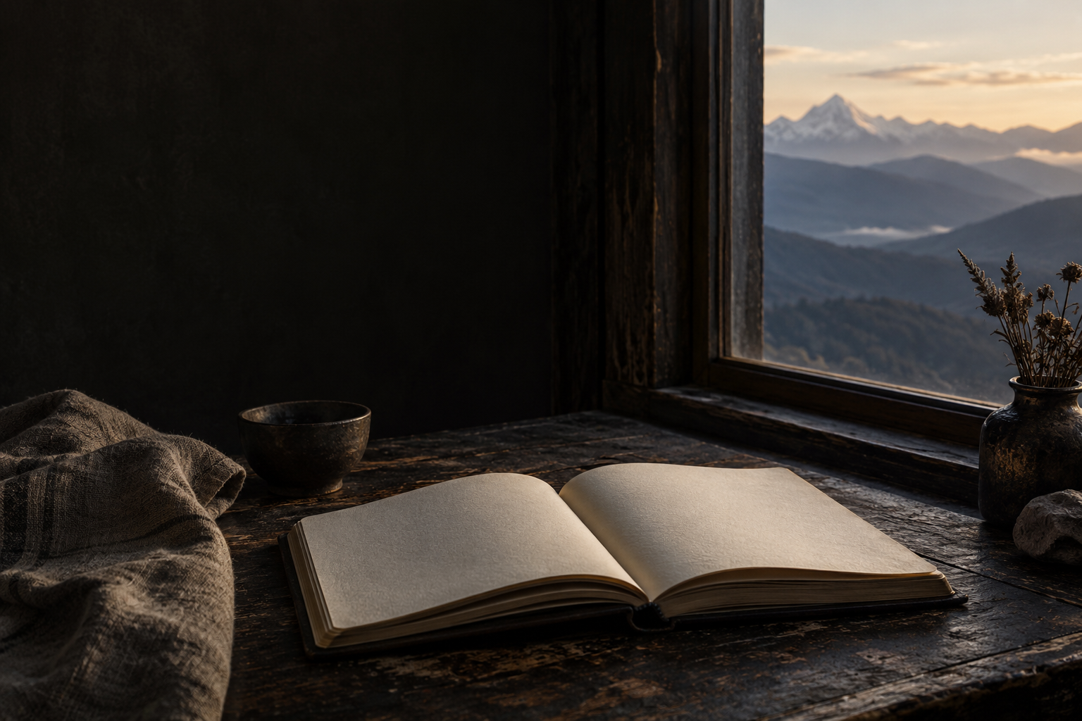 AI creative visualization of a journal by a mountain-facing window